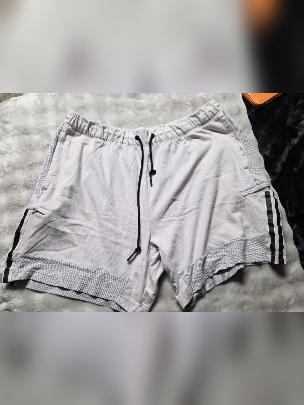 Adidas Men's Off-white Athletic Shorts - Black Stripes, Pockets. 2XL